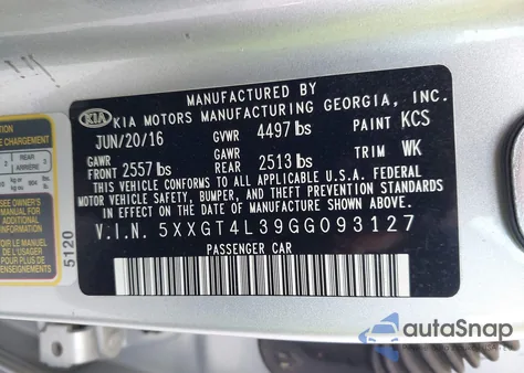 2016 Kia Optima Lx from USA, damaged, VIN 5XXGT4L39GG093127